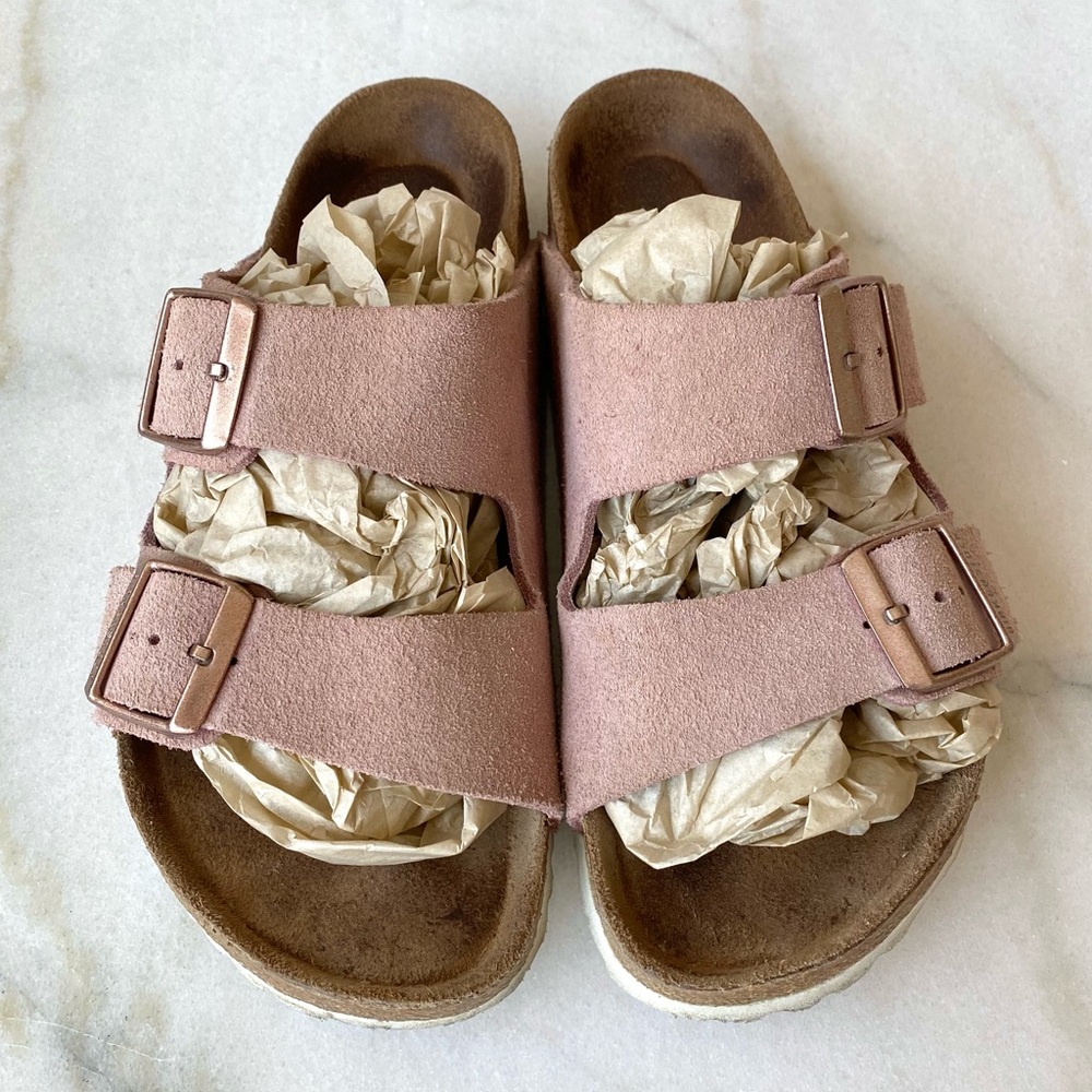 Light pink suede Birkenstock Arizona sandals